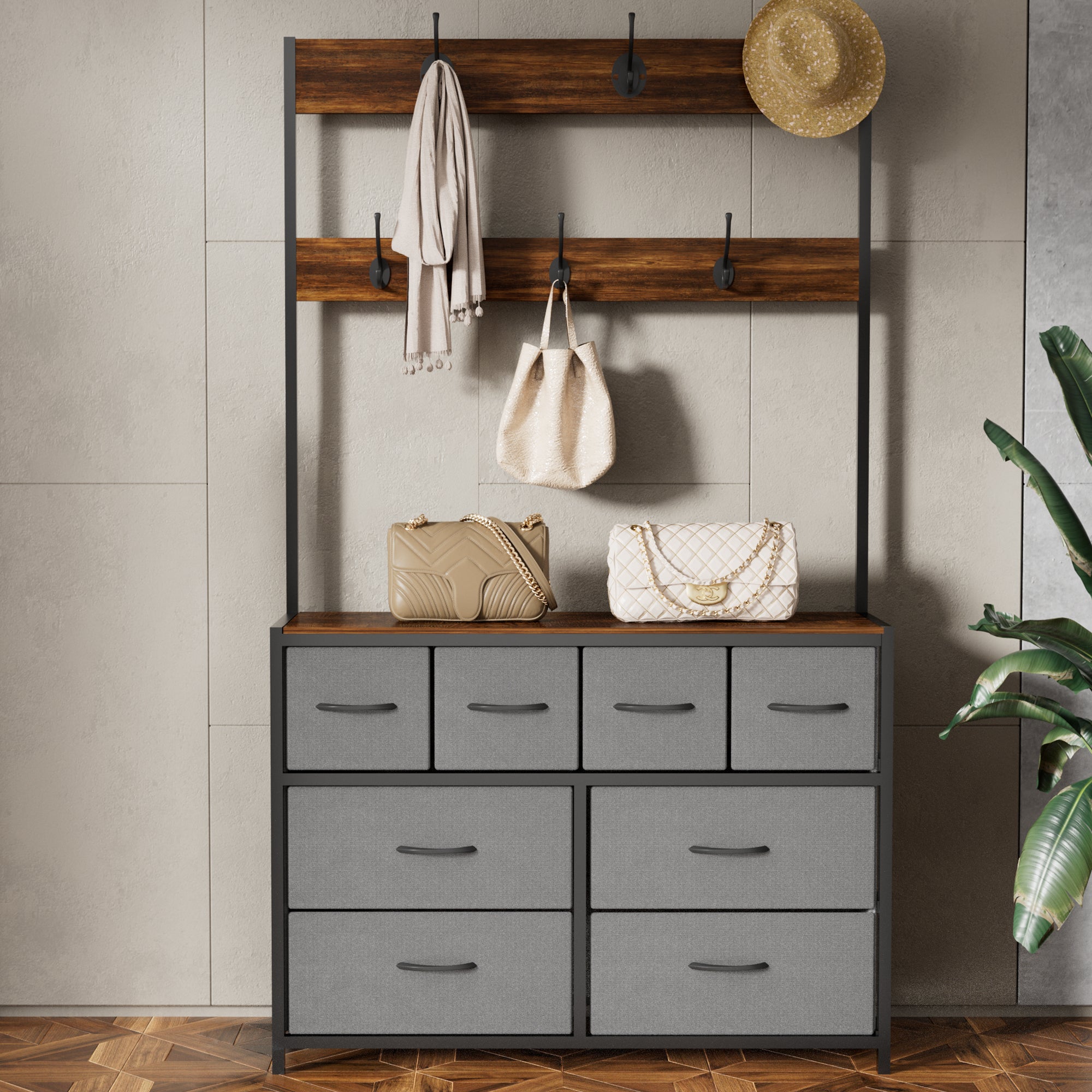 Retro wood grain industrial style entryway coat rack