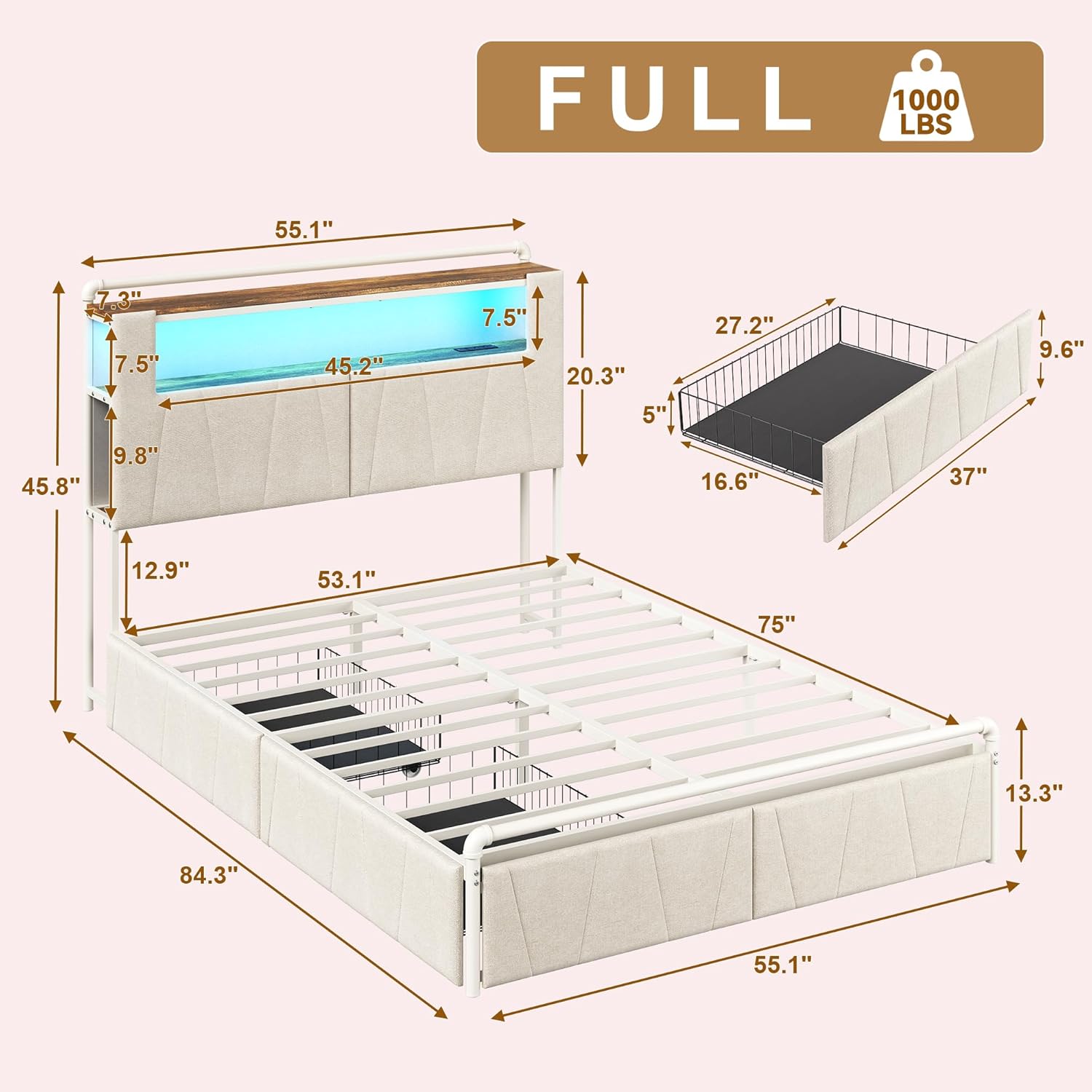 Bed frame with LED lights and storage basket