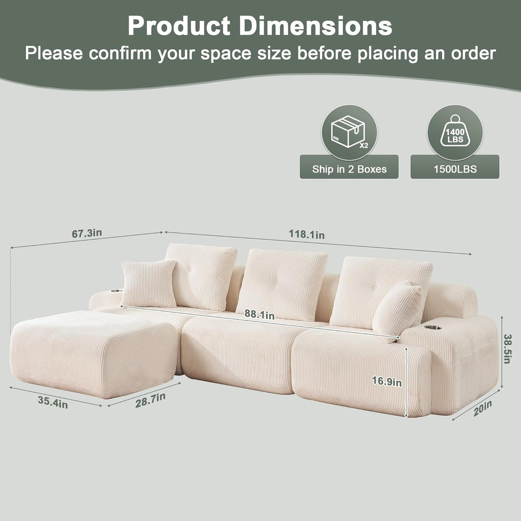 Cloud Soft Cream Corduroy L-Shaped Large-Size Leisure Sofa