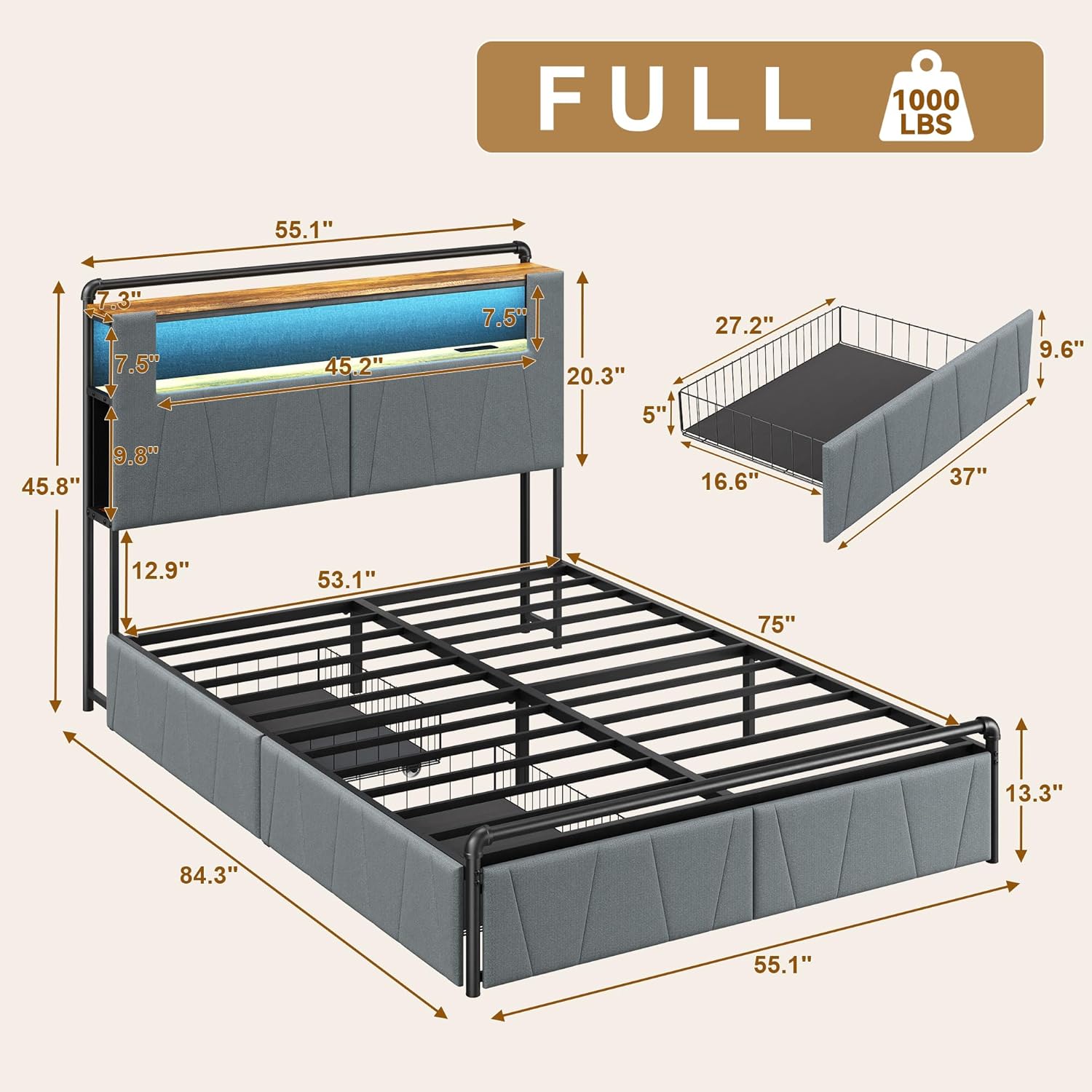 Bed frame with LED lights and storage basket Secondary image