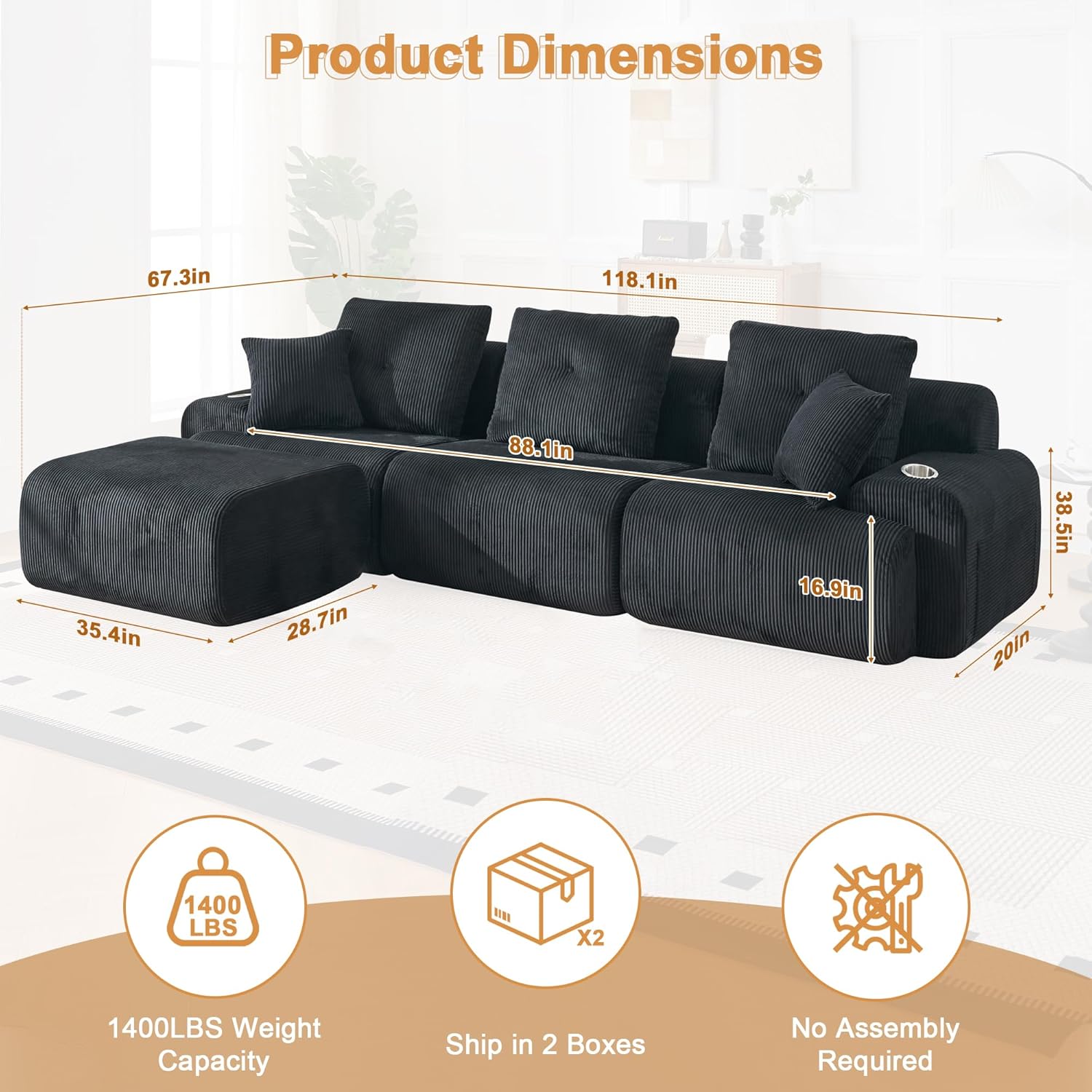 Cloud Soft Cream Corduroy L-Shaped Large-Size Leisure Sofa Secondary image