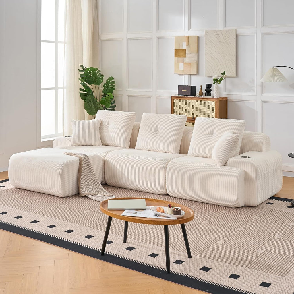 Cloud Soft Cream Corduroy L-Shaped Large-Size Leisure Sofa