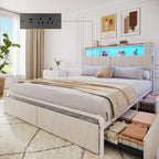 Bed frame with LED lights and storage basket