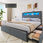 Bed frame with LED lights and storage basket