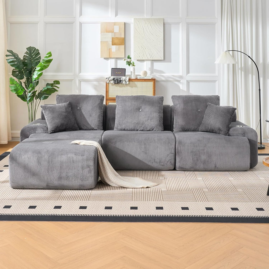 Cloud Soft Cream Corduroy L-Shaped Large-Size Leisure Sofa